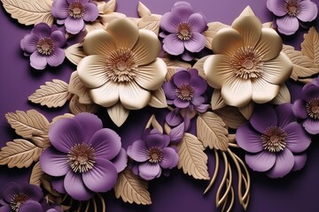 A wavy 3D fabric background with gold and purple floral applications.