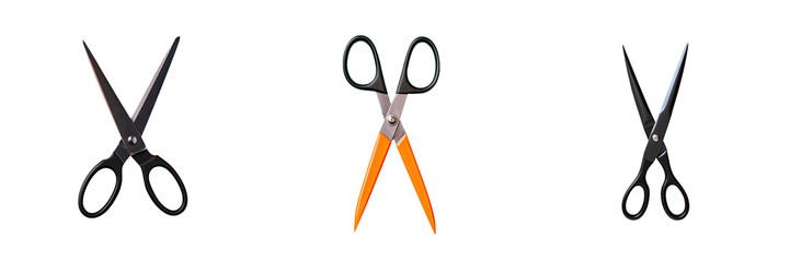 Png Set transparent background with clipping path Closeup Tailor and office worker tools Orange and black handle Open scissors - obrazy, fototapety, plakaty