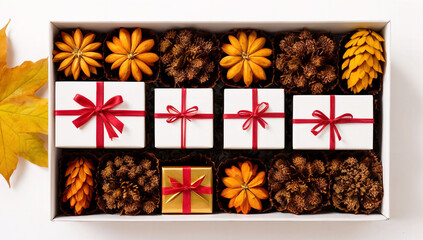 Beautiful autumn leaves and presents