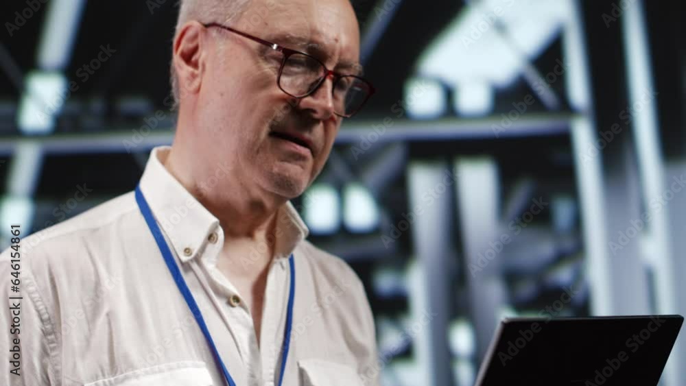 Aufkleber adept it professional navigating network of servers in industrial workspace. engineer with laptop in
