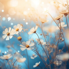 Wild daisies border in a field with sunlight,copy space. Soft colors, floating, ambient music, blurred colors, soft light, relaxing etheral image.Beautiful floral pastel background no text, no writing
