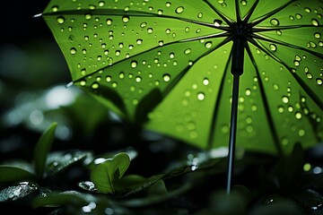 rain in a green umbrella in autumn