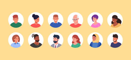 User portraits frames. Multicultural people head with aged and young faces for employee profile or person avatar, isolated different userpic man woman character vector illustration