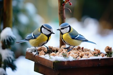 Naklejka premium The great tits in the snowy forest at the feeder