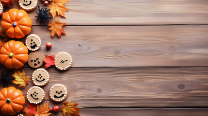 Homemade cookies, Halloween pumpkins with spiders and autumn leaves lie on the left on a light brown wooden table with copy space for your text on the right, flat lay close-up.