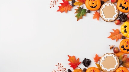 Festive bright Halloween pumpkin cookies with autumn twigs and leaves lie in an oval frame on the right on a white wooden table with copy space on the left, flat lay close-up.