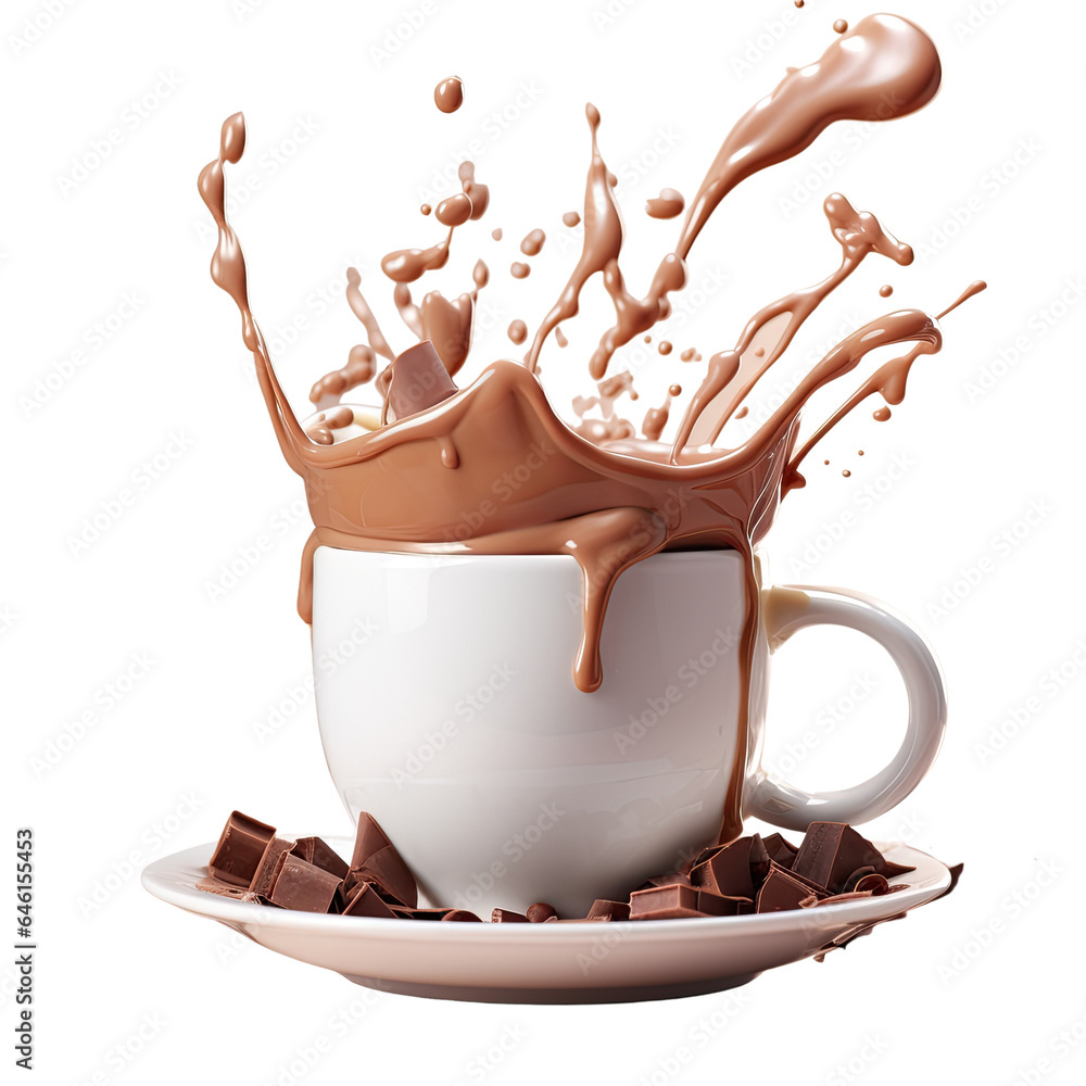 Poster Brown hot chocolate splashes into a white cup transparent background