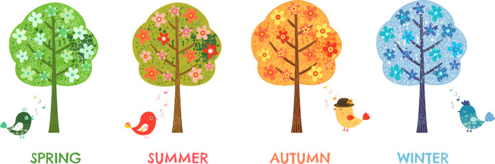 Cartoon vector trees with flowers and birds in four different seasons, Spring, Summer, Autumn and Winter - 646155410