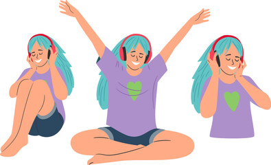 Happy sitting girl in headphones listening to music
