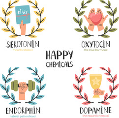 Hormone health icon. Oxytocin serotonin endorphin dopamine. Hormones colorful vector illustration. Mood stabilizer, love hormone, reward chemical, pain reliever