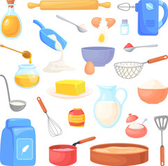 Cartoon baking supplies. Bakery ingredients and kitchen accessories, kitchenware baker equipment for cooking homemade confectionery cake dessert, mixer flour vector illustration
