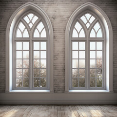 White Interior Gothic Windows Daytime View of Trees, Wood Floor, Brick Wall 