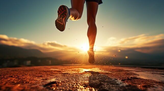 Running for health along dramatic street in the morning sunrise. move on, inspiration concept picture.