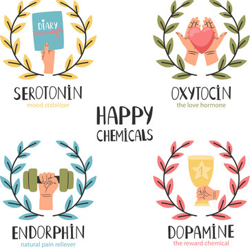 Hormone health icon. Oxytocin serotonin endorphin dopamine. Hormones colorful vector illustration. Mood stabilizer, love hormone, reward chemical, pain reliever