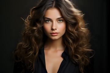 Fototapeta premium happy young woman with well-groomed wavy hair portrait, Caucasian woman showing perfect light curls of hair