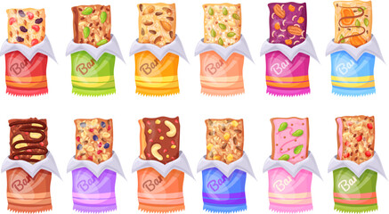 Granola bars. Cereal bar slow carbohydrates, muesli protein sport snacks with nuts oats cereal in package sugar fruit dessert natural nutrition oat cookie, neat vector illustration