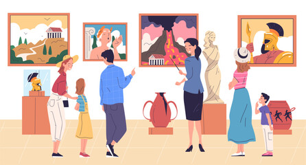 Obraz premium Family in museum. People tourists with children looking ancient monuments, statue exhibit or painting art gallery exhibition, guide excursion tour group classy vector illustration