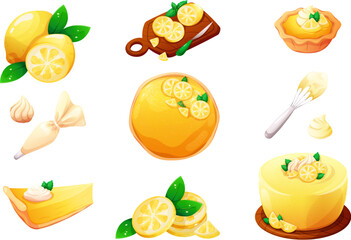Lemon pie. Lemons sponge pies, cartoon cake slice with fresh tropical fruit, citrus meringue tart cheesecake autumn pastries cafe desserts