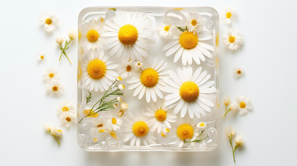 A square ice cube with flowers in it.