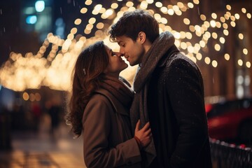 Fototapeta premium Young couple kissing under bright Christmas lights on New Year's Eve