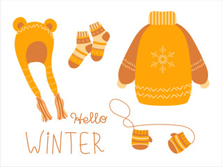 Set of winter warm clothes with handwritten text. Vector illustration for stickers, design, decoration