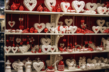 Christmas tree decorations. Decorations in the shape of hearts and stars, red and white