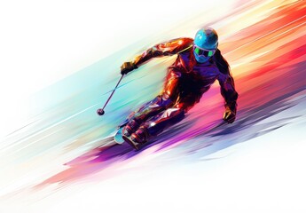 A skier is sliding downhill at speed. Athlete on skis. Active winter recreation. Digital art in watercolor style. Illustration for cover, postcard, postcard, interior design, print, etc.