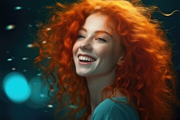 Portrait of beautiful red-haired curly-haired girl very happy
