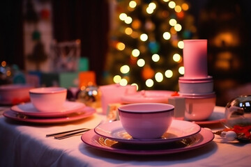 Empty plates on the Christmas table, background of the Christmas tree