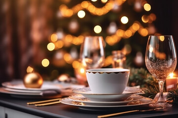 Empty plates on the Christmas table, background of the Christmas tree