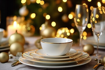 Empty plates on the Christmas table, background of the Christmas tree
