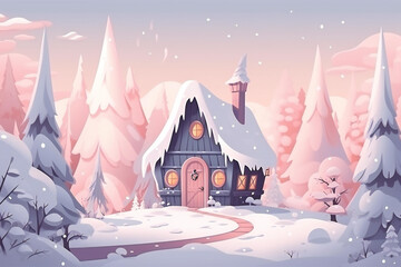Fantasy christmas cottage, pop up, on the snow, christmas trees, peaceful atmosphere,
