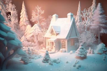 Fantasy christmas cottage, pop up, on the snow, christmas trees, peaceful atmosphere