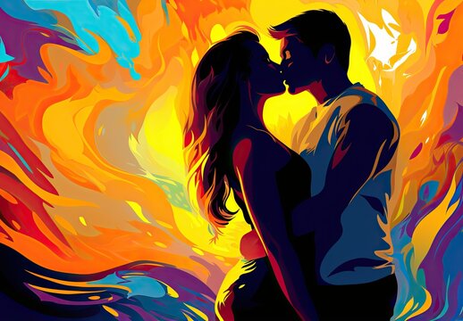 Passionate kiss between charming handsome lovers. Colorfull image of loving couple. Cropped close up profile. Digital art in brush stroke style. Illustration for cover, card, interior design or print.