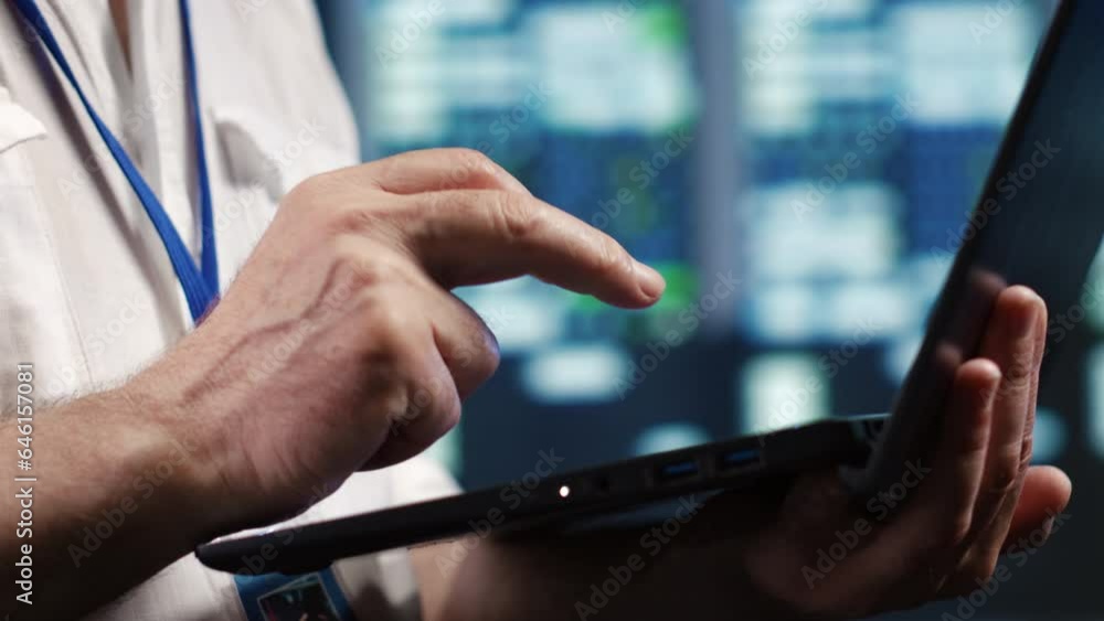 Poster competent it professional navigating network of supercomputers in industrial server hub. expert with