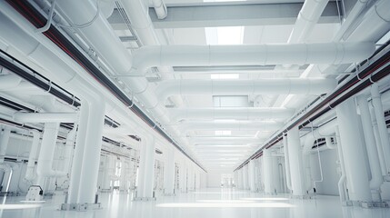 A technical room filled with white pipes. Pipeline inside modern factory. Illustration for banner, poster, cover, brochure, advertising, marketing or presentation.
