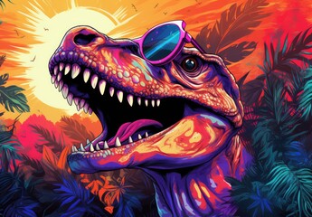 A toothy tyrannosaurus rex with glasses is painted. Close portrait of a stern T-Rex monster. Funny fashion prehistoric lizard. Digital art. Printable design for t-shirt, bag, postcard, case, etc.