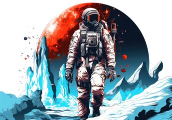 Fototapeta premium A lone astronaut steps forward. Science fiction universe exploration. Digital art in painting style. Illustration for banner, poster, cover. Can be printed on t-shirt, postcard, case, pillow, etc.