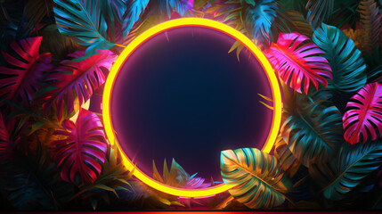 Fototapeta na wymiar Yellow and pink neon light circle in front of colorful jungle background
