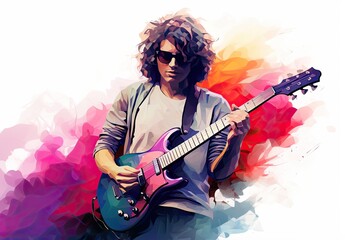 Half of the body of a musician playing a guitar. Rock singer on stage in the style of a watercolor drawing. Illustration for cover, card, postcard, interior design or print. - obrazy, fototapety, plakaty