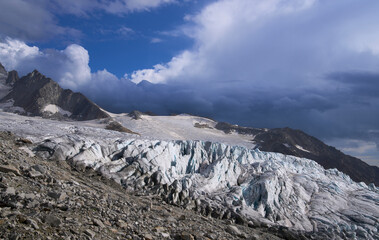 End of the Glacier du Tour near the Albert Premier refuge, French Alps. Huge crevasses in the...