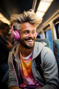 A guy in headphones with bright hair with pink streaks travels by public transport