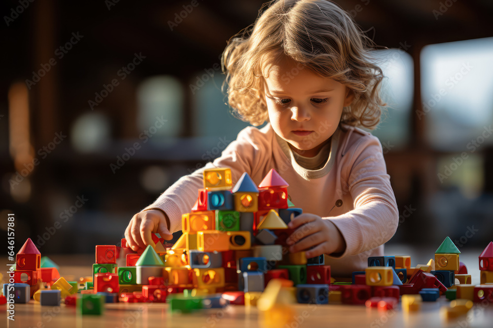 Poster a child playing with building blocks, illustrating cognitive and motor development. generative ai.
