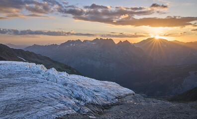 Sunset seen from the Albert Premier refuge, French Alps. The Glacier du Tour at the foreground....