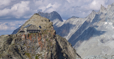 The Vignettes hut, an alpine Swiss mountain hut on the Glacier Haute Route from Chamonix to...
