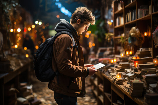 A student browsing through books in the school library, ready to explore new worlds. Generative AI.