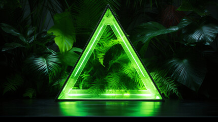 Green triangles neon light, tropical jungle floral background