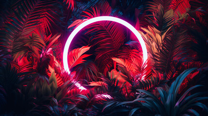 Thick pink circle neon light, tropical jungle floral background