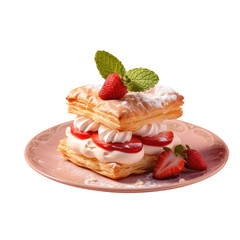 Puff pastry dessert with cream and strawberries on transparent background