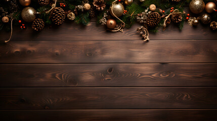 Christmas background. Wooden table top, elegantly framed with an intricate composition of Christmas decorations and accessories girdling the edges. 